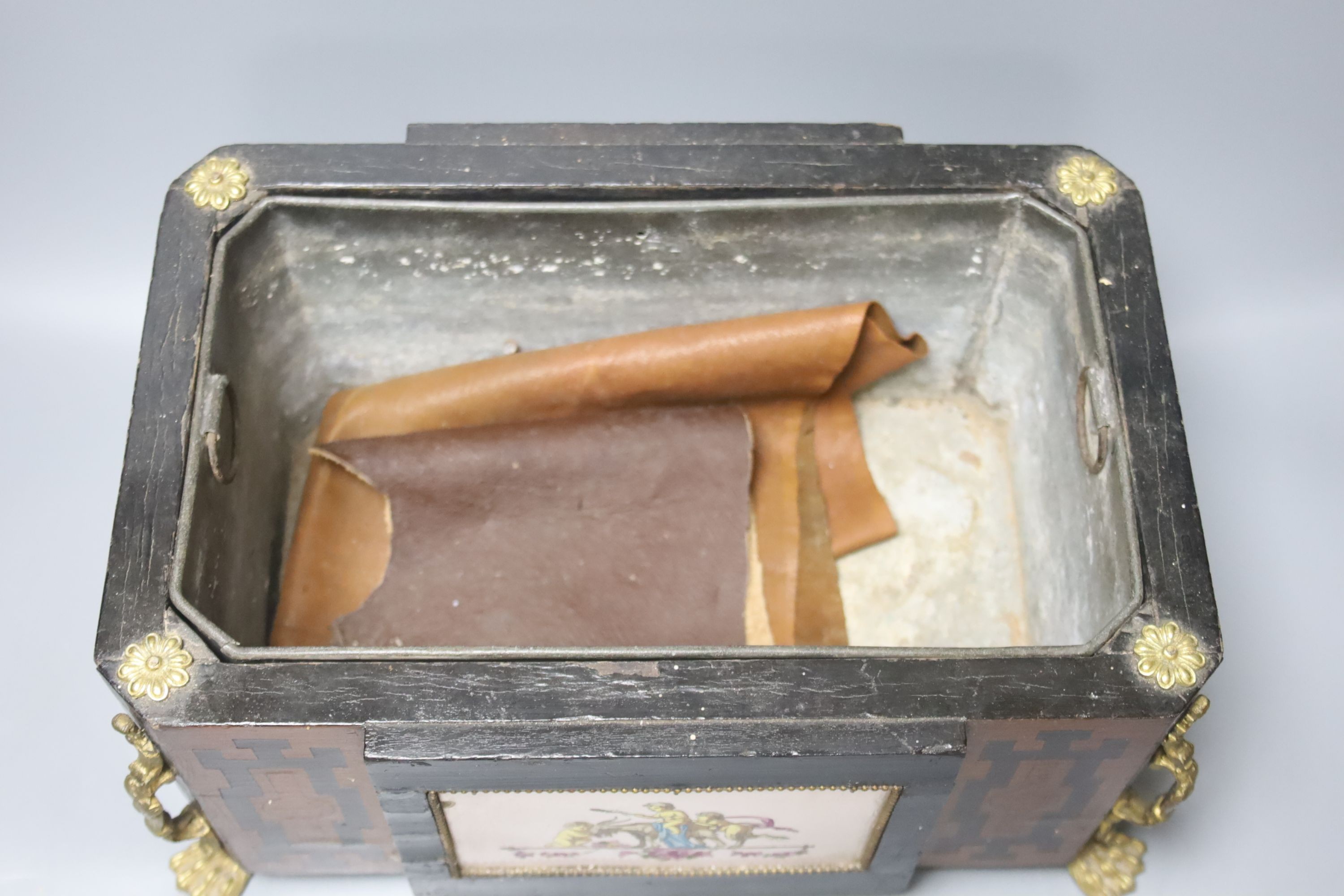 A 19th French faience tile inset marquetry jardiniere, with ormolu mounts and tin liner, width 35cm